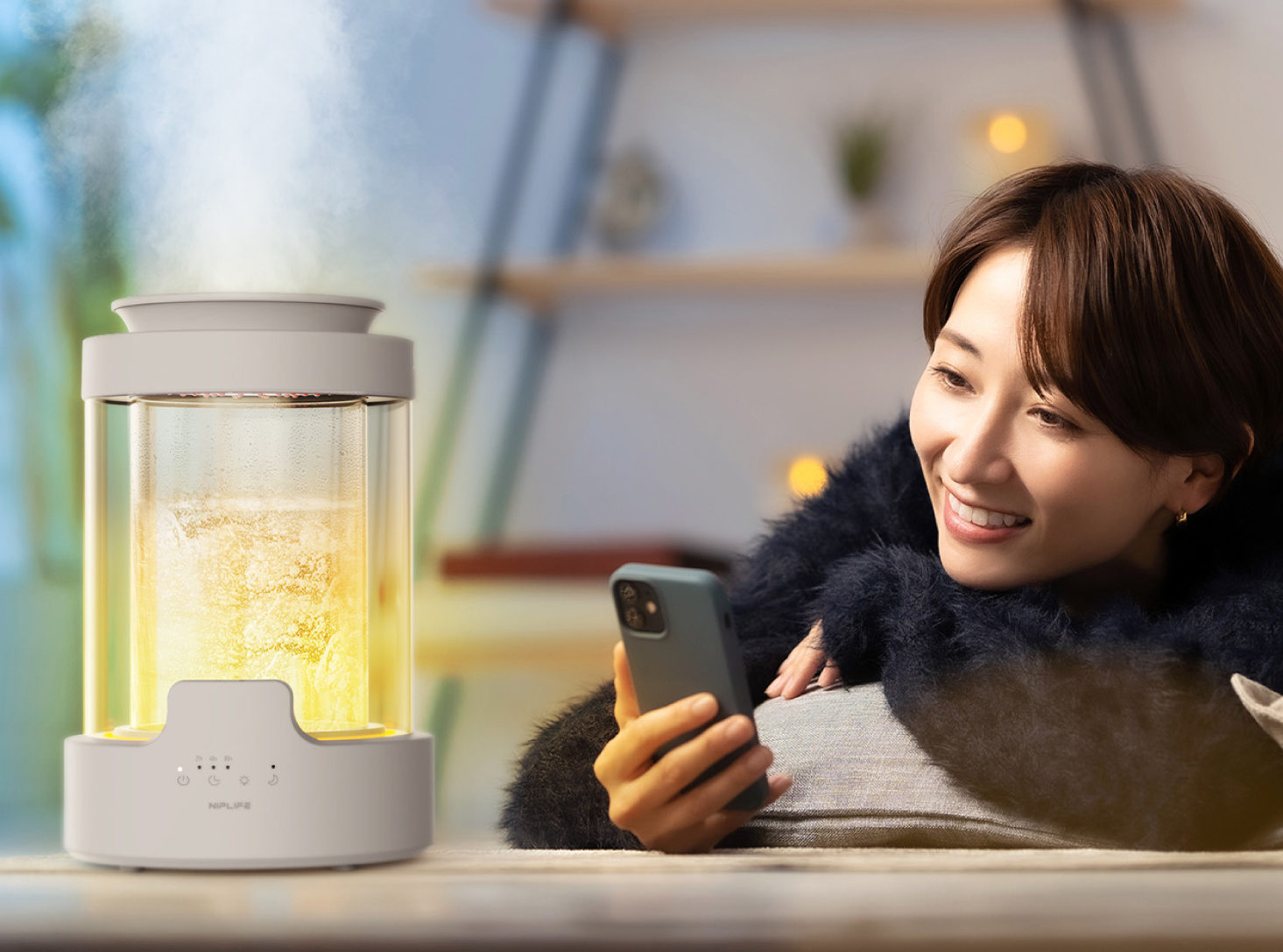 NIPLIFE 加湿器URURA置き型 3L スチーム式 洗練されたデザインとパワフルなアロマ対応スチーム式加湿を実現した